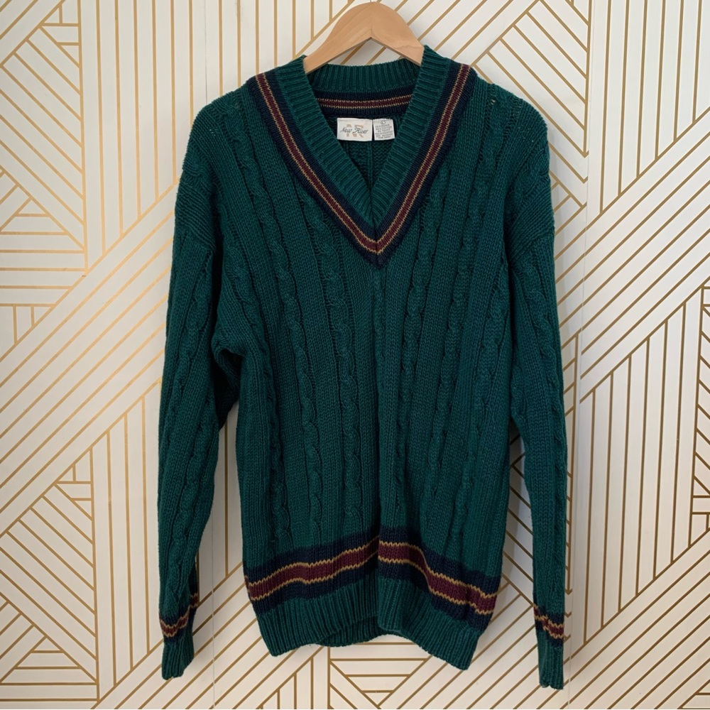 Vintage New River Ramie Cotton blend V Neck Cable knit Sweater Academia L large